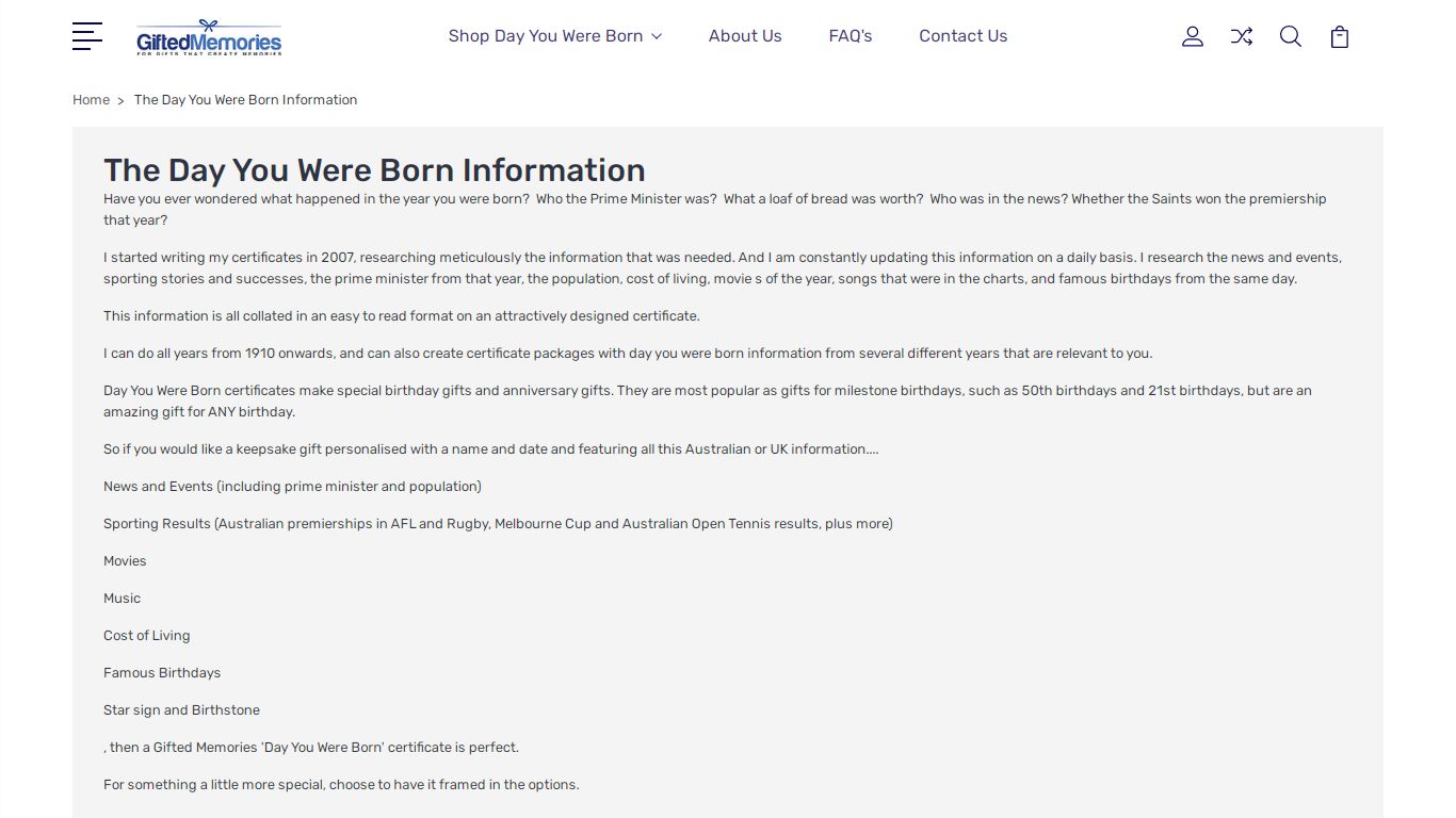 The Day You Were Born Information - Gifted Memories